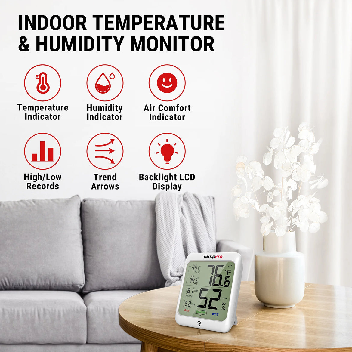 TempPro TempAir CORE TP53 Indoor Thermometer & Hygrometer — ±1°F/±2% RH, Comfort Indicator