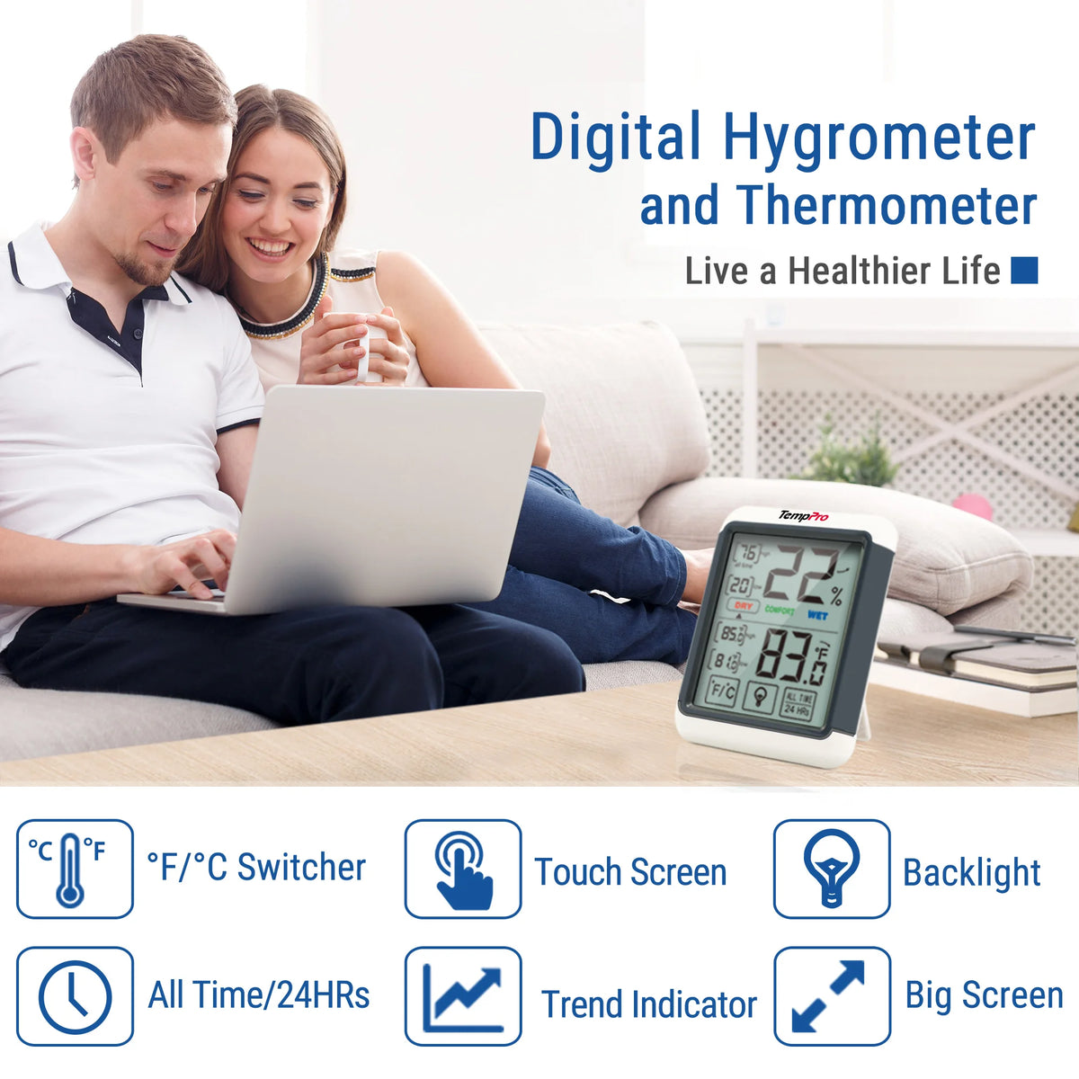 Termómetro e higrómetro digital de interior TempPro TempAir CORE TP55 — ±1°F/±2% HR, registros de máximos/mínimos