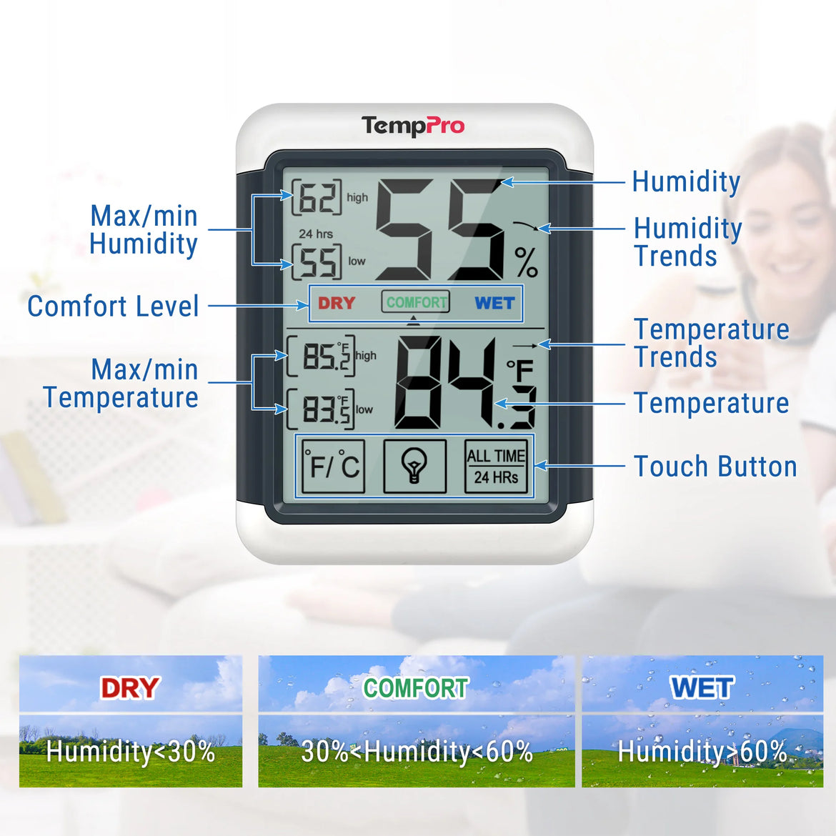 Termómetro e higrómetro digital de interior TempPro TempAir CORE TP55 — ±1°F/±2% HR, registros de máximos/mínimos