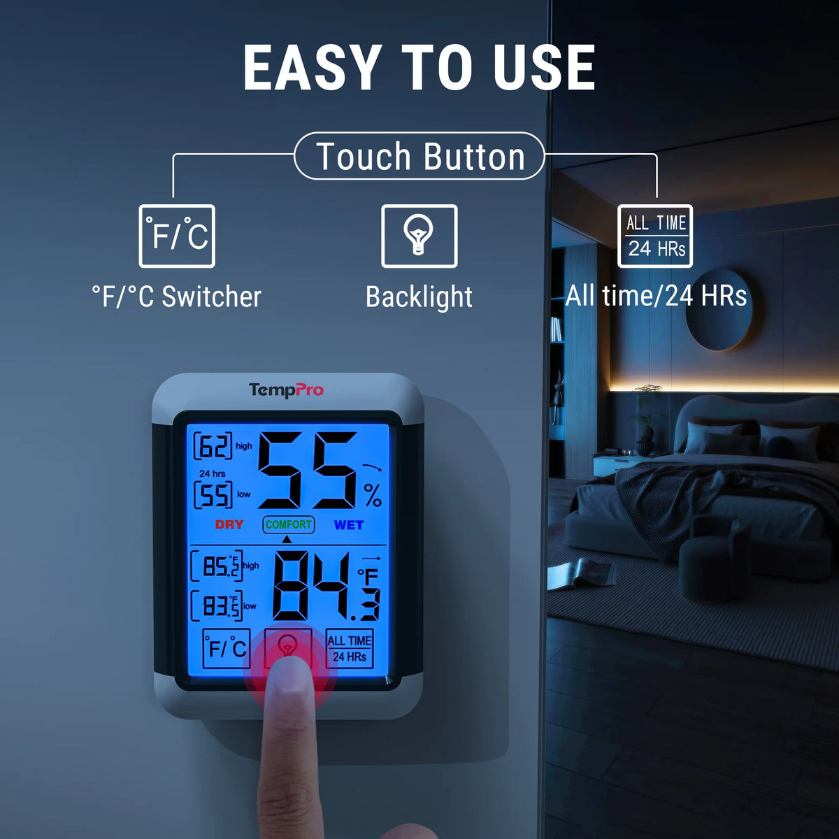 Termómetro e higrómetro digital de interior TempPro TempAir CORE TP55 — ±1°F/±2% HR, registros de máximos/mínimos