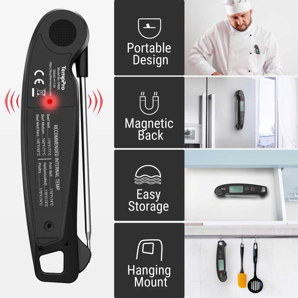 Thermomètre à viande à lecture instantanée TempPro TempSwift PLUS TP605 — Numérique, lecture rapide, sonde pliable