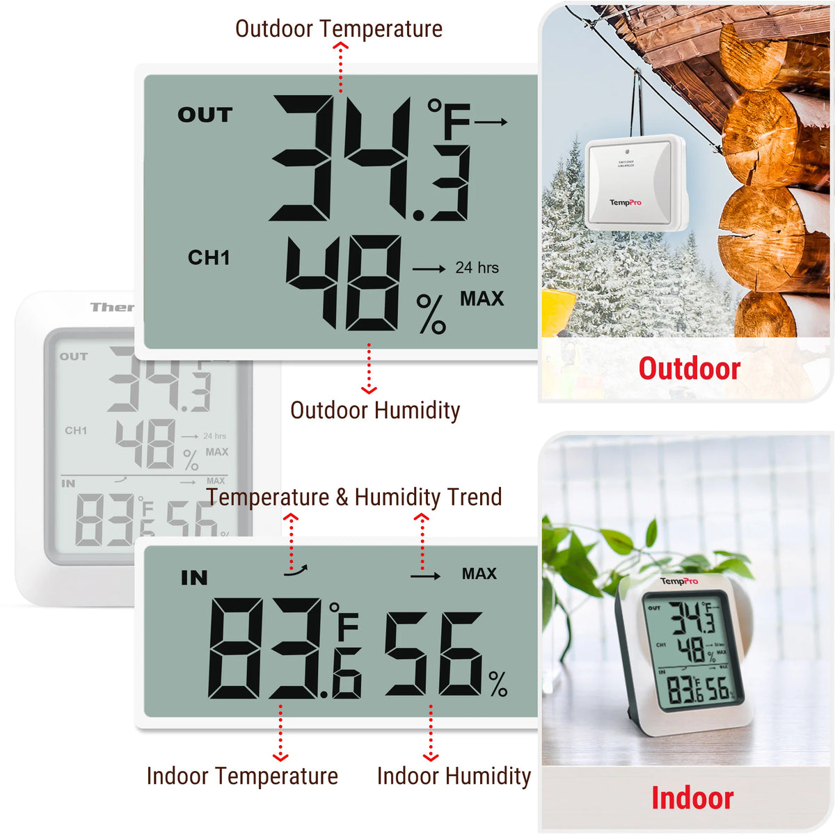 Termómetro e higrómetro inalámbrico para interior y exterior TempPro TempAir PLUS TP60B — 150 m de alcance, máximos/mínimos