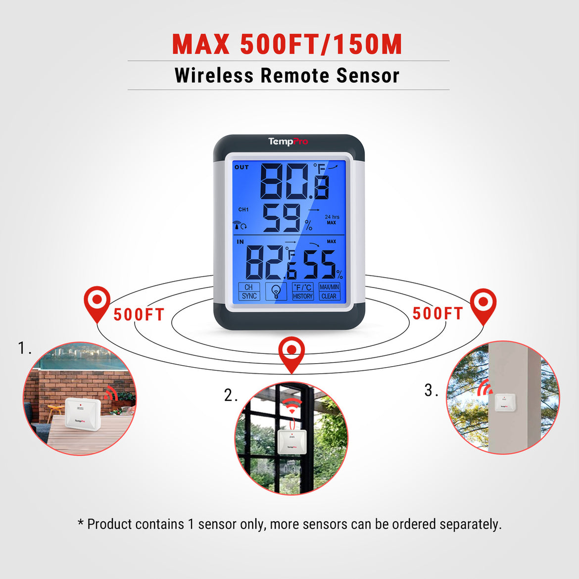 Thermomètre et hygromètre sans fil d'intérieur et d'extérieur TempPro TempAir PLUS TP65B — Écran tactile 4", 150 m