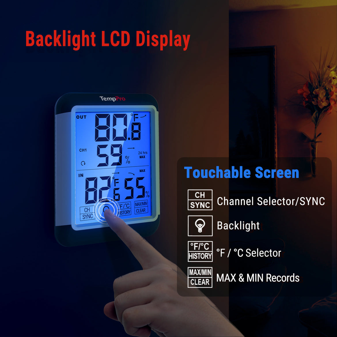 Thermomètre et hygromètre sans fil d'intérieur et d'extérieur TempPro TempAir PLUS TP65B — Écran tactile 4", 150 m