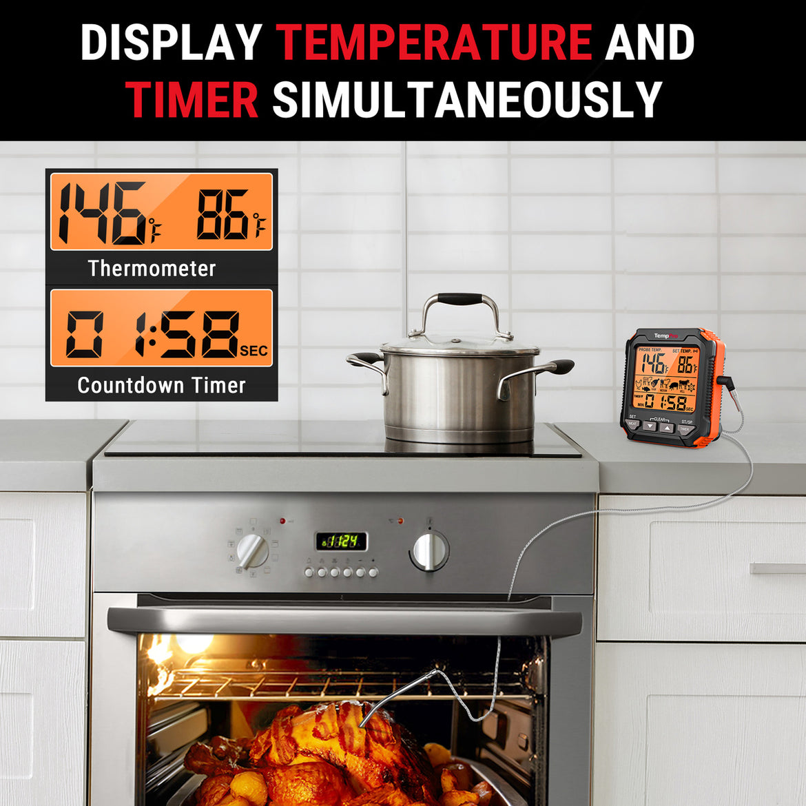 Thermomètre à viande sans fil TempPro TempTrack CORE TP716 — Sonde résistante au four, grand écran