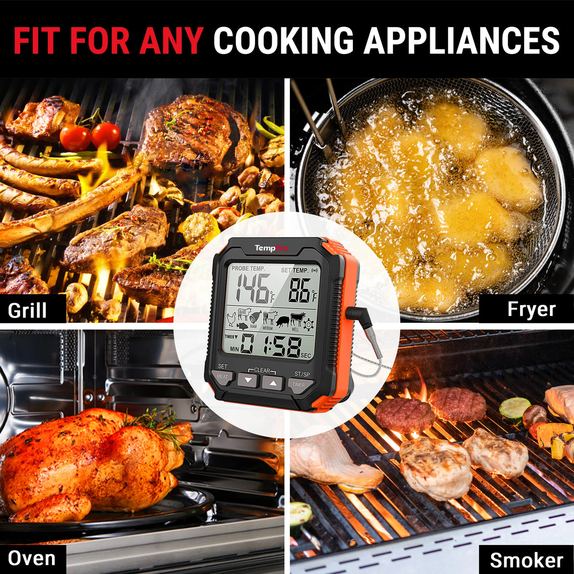 TempPro TempTrack CORE TP716 Leave-In Meat Thermometer — Oven-Safe Probe, Large Display