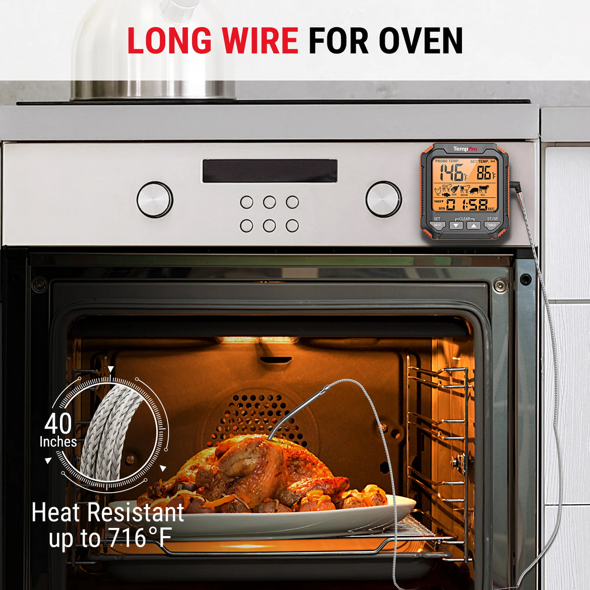 TempPro TempTrack CORE TP716 Leave-In Meat Thermometer — Oven-Safe Probe, Large Display