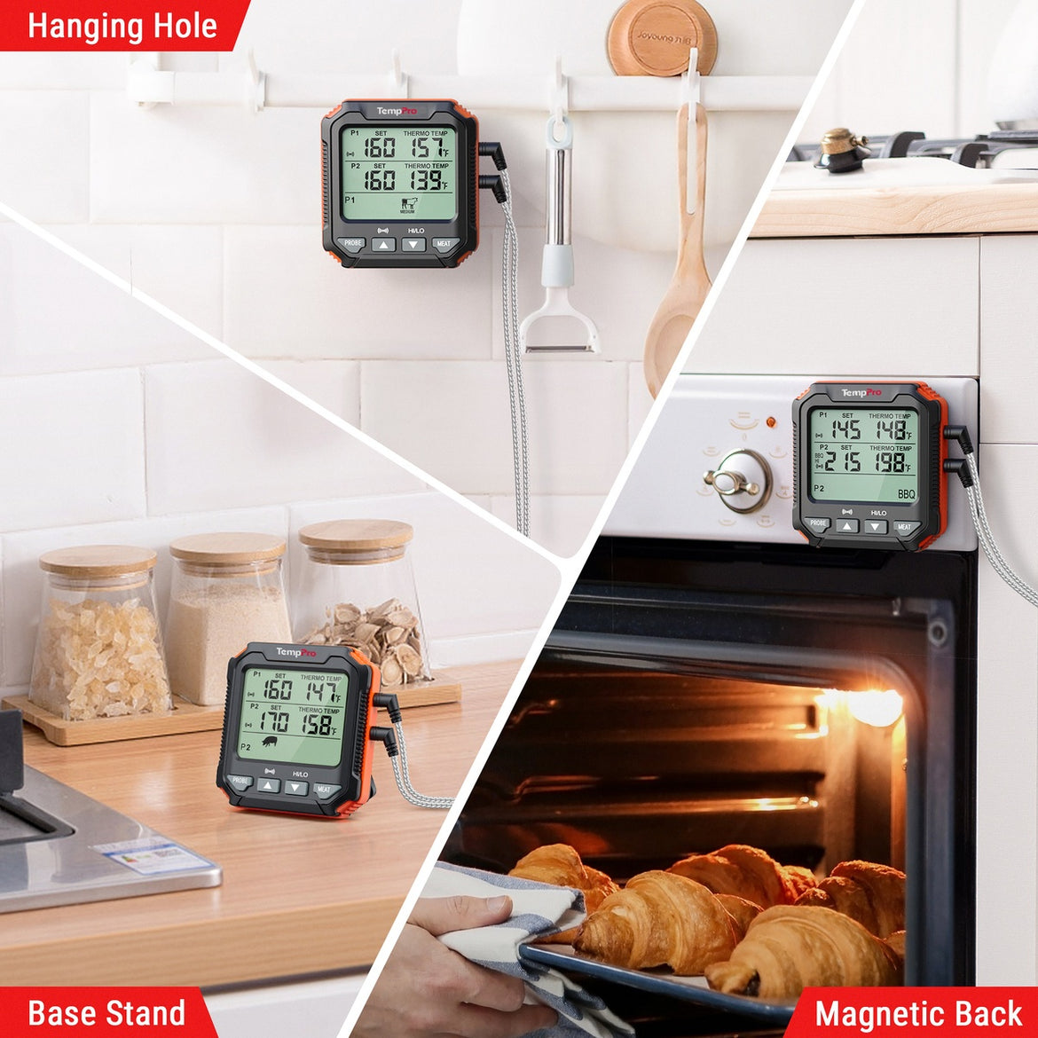 Termómetro de carne TempPro TempTrack PLUS TP717 con sonda para dejar insertada — Apto para horno y parrilla, pantalla retroiluminada