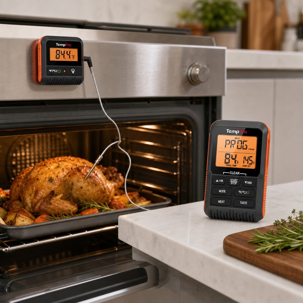 TP806BW 300FT Wireless Meat Thermometer magnetic back on the oven