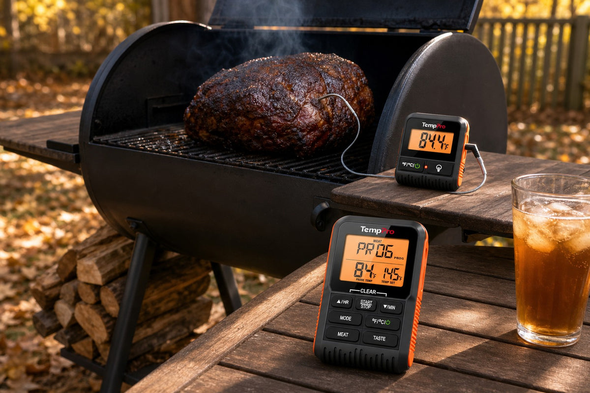 TP806BW 300FT Wireless Meat Thermometer monitoring a smoker from 300FT away