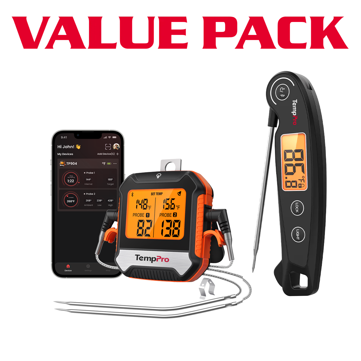 TempPro TP904 Bluetooth Meat Thermometer + TP605 Instant-Read Thermometer — Value Pack
