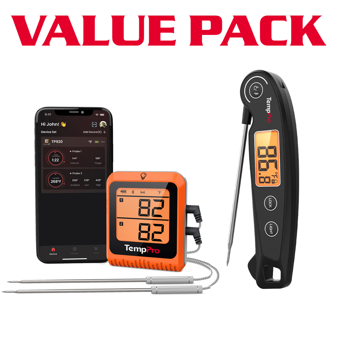 TempPro TP920 Bluetooth Meat Thermometer + TP605 Instant-Read Thermometer — Value Pack