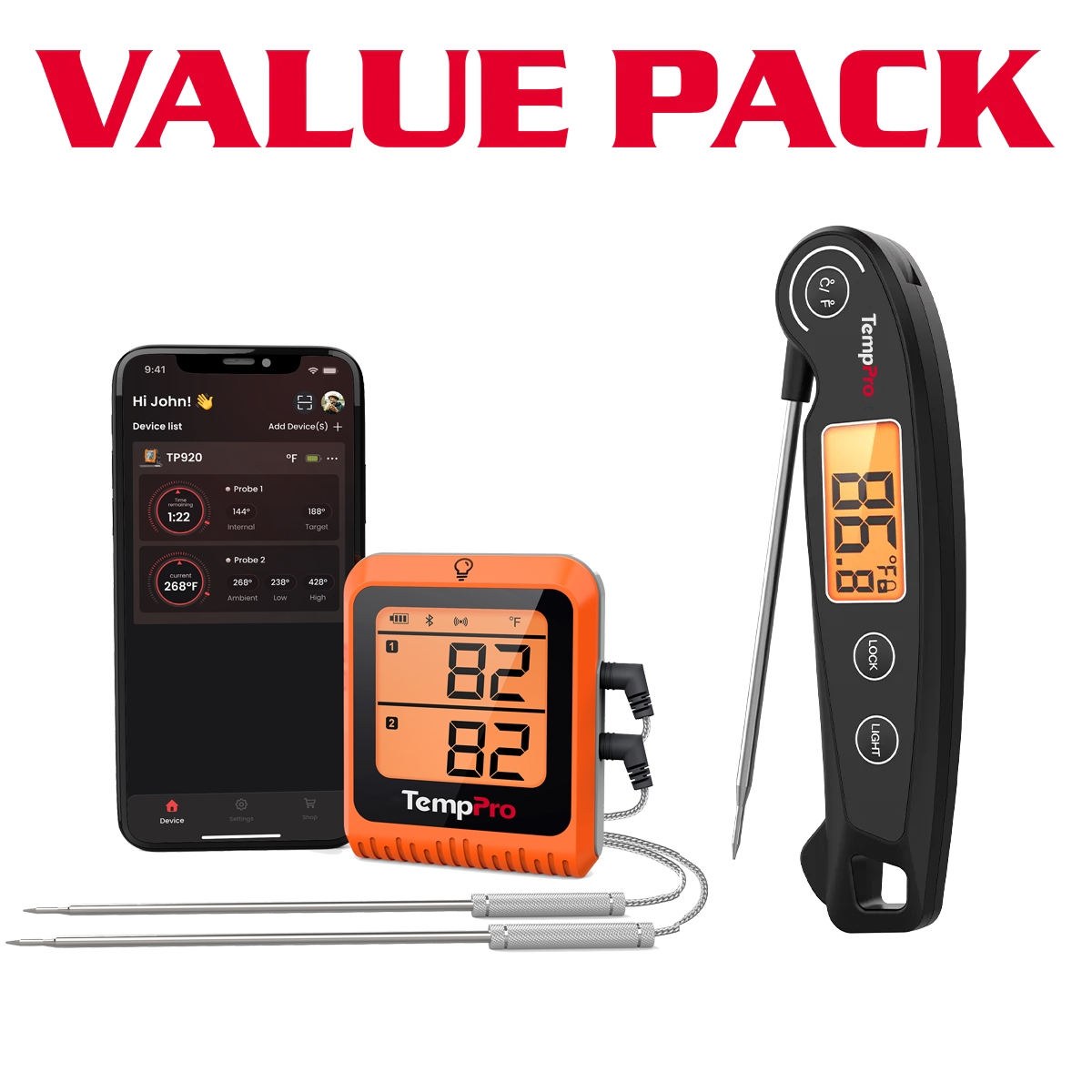 TempPro TP920 Bluetooth Meat Thermometer + TP605 Instant-Read Thermometer — Value Pack