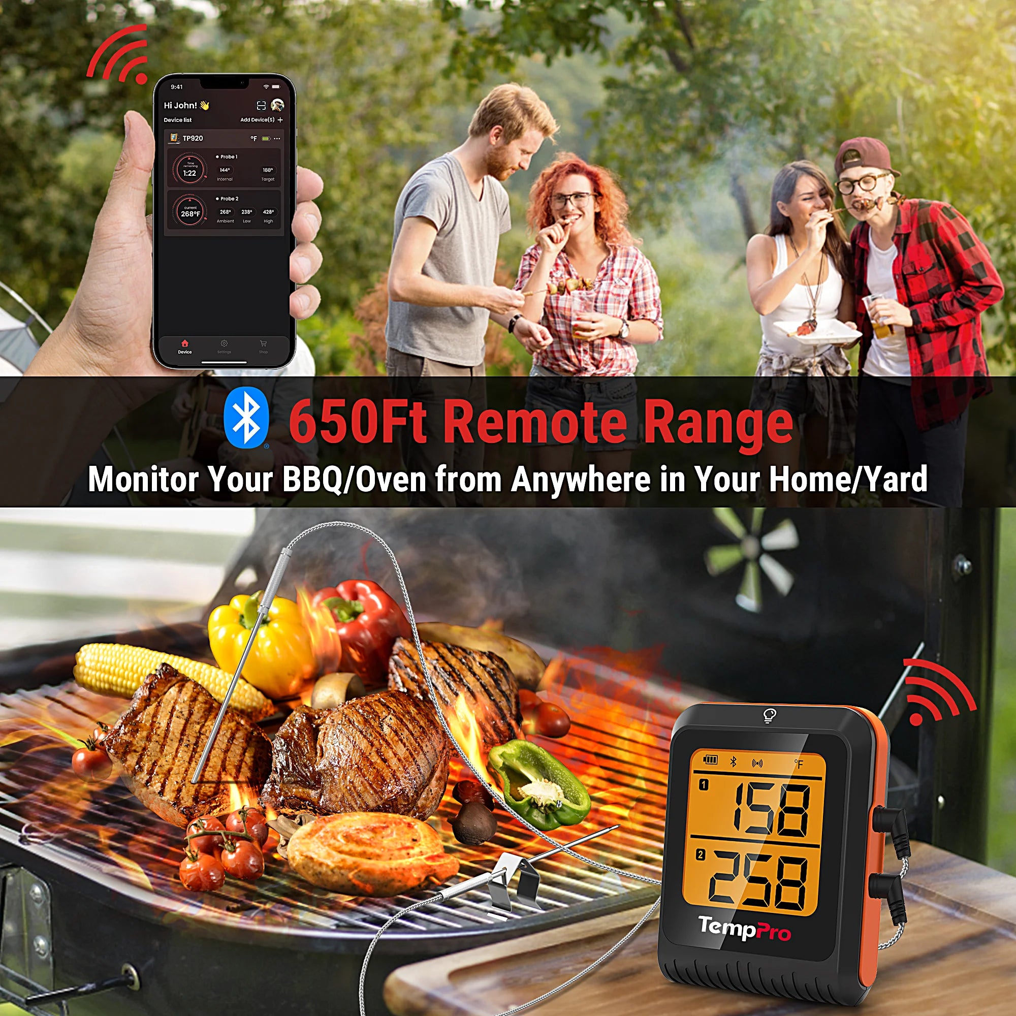 TempPro TP920W Wireless Meat Thermometer — Smart Bluetooth, App Alerts