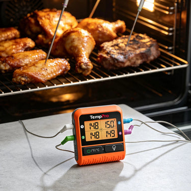 Termómetro de carne inalámbrico TempPro TempSync PLUS TP829B — 1000 pies de alcance RF, 4 sondas y temporizadores duales