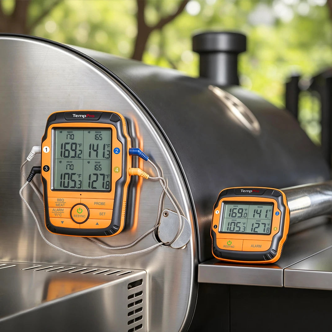 Termómetro de carne inalámbrico TempPro TempSync PLUS TP827B — Alcance RF de 300 m, 4 sondas codificadas por colores