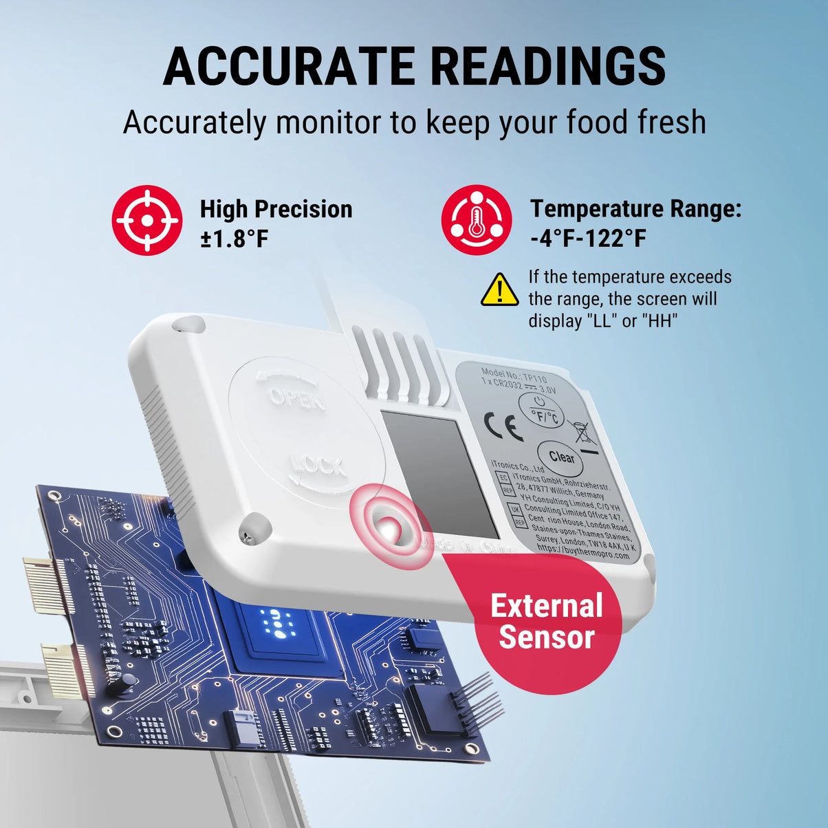 Termómetro digital para refrigerador y congelador TempPro TempAir CORE TP110 — Impermeabilidad IPX6, ±1.0 °C