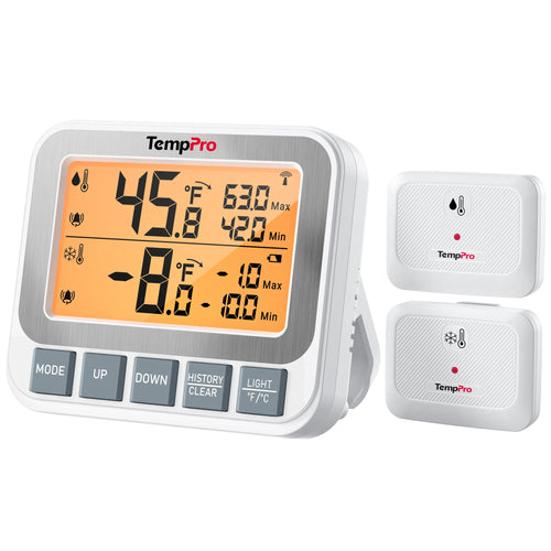 TempPro TP210B 500 ft Wireless Freezer Refrigerator Thermometer with Dual Sensors