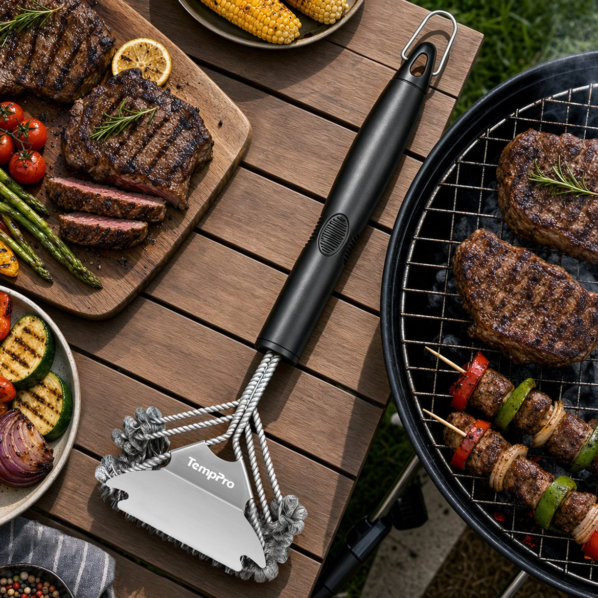 TempPro AGT300 Bristle-Free Grill Brush — 3D Triple-Helix, Built-In Scraper