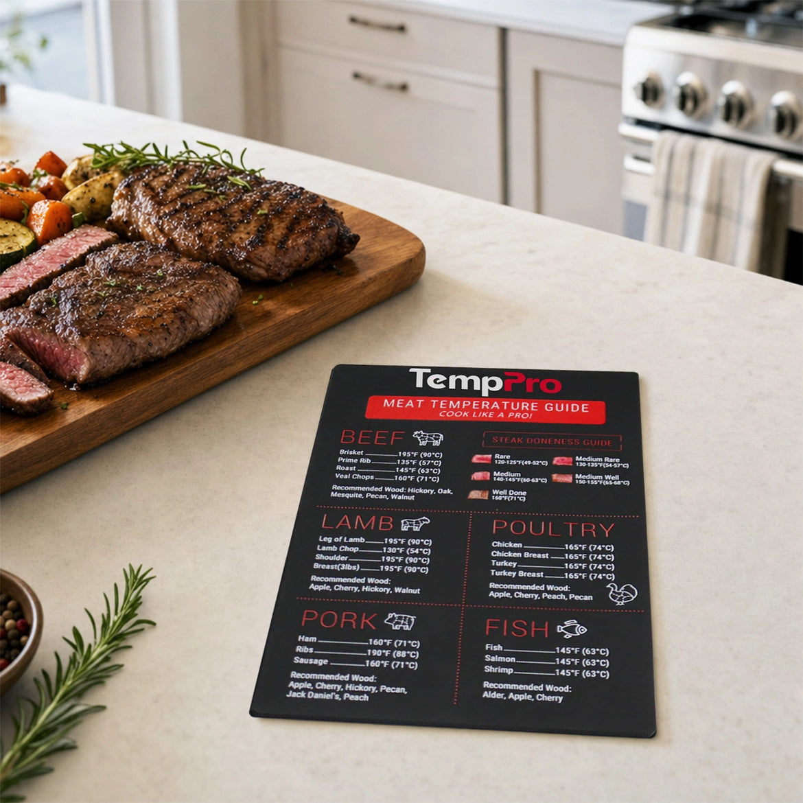 Etiqueta de guía de temperatura de la carne TempPro - Tabla de cocción para frigorífico
