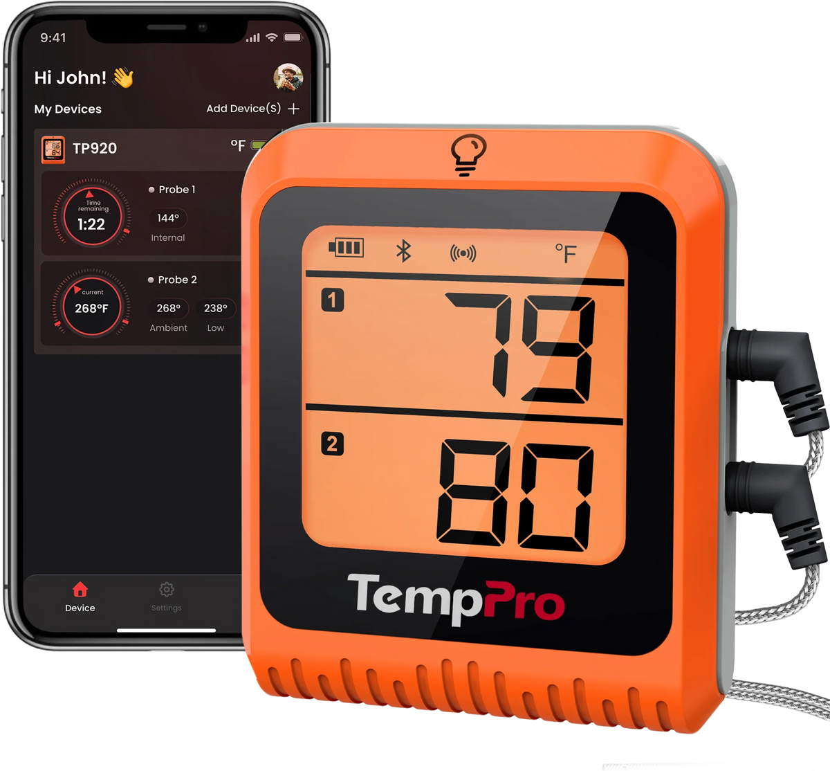 Kit Pitmaster : sans fil longue portée 300 m (1 000 pi), Bluetooth et 2 thermomètres à lecture instantanée