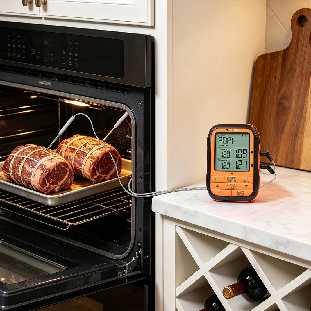TempPro TempSync PLUS TP828B Wireless Meat Thermometer — 500FT RF Range, Dual Probes with Receiver & 4 Alarm Modes