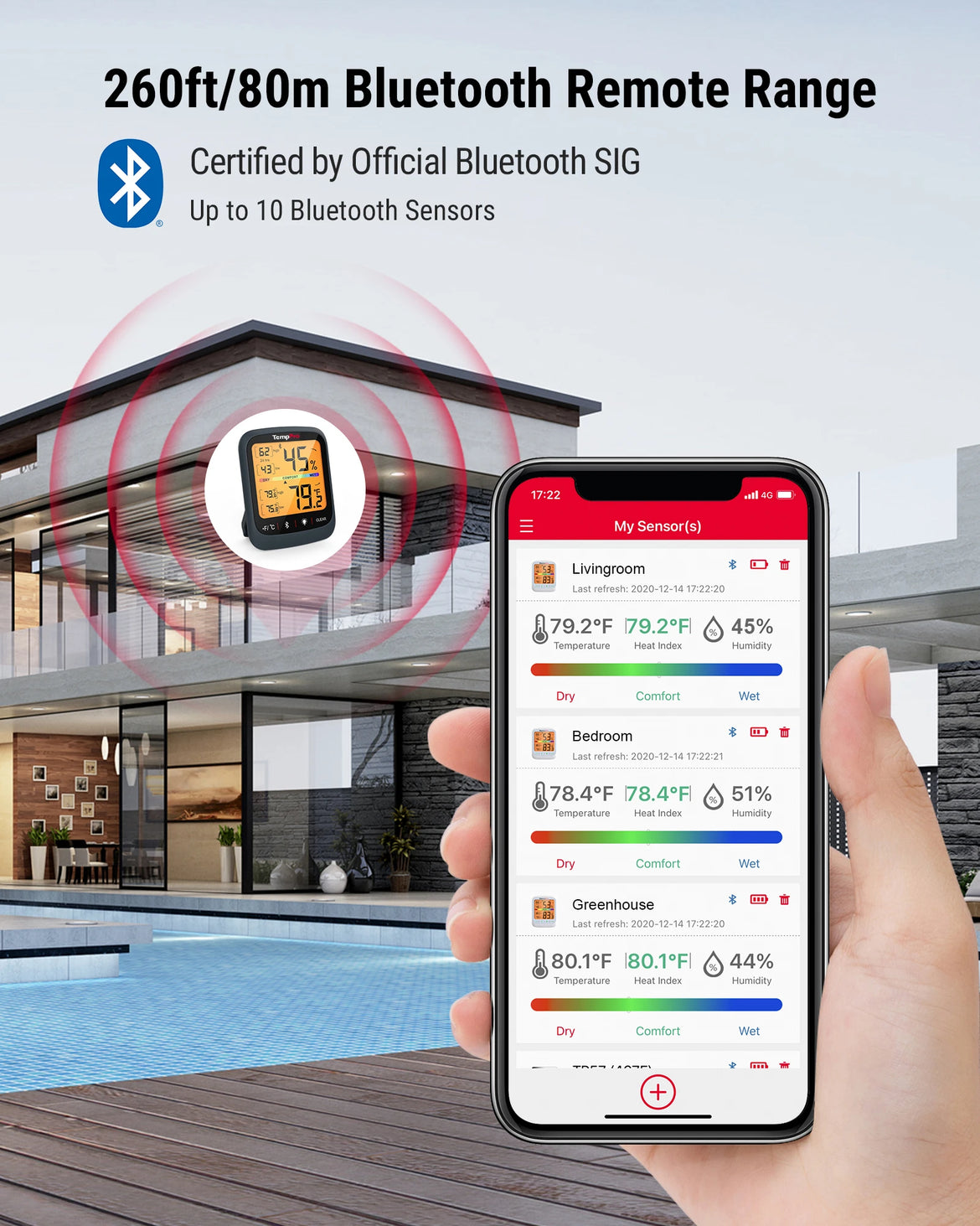 Termómetro higrómetro Bluetooth para interiores TempPro TP359W - 80 m, sensor suizo, negro · Edición para tienda