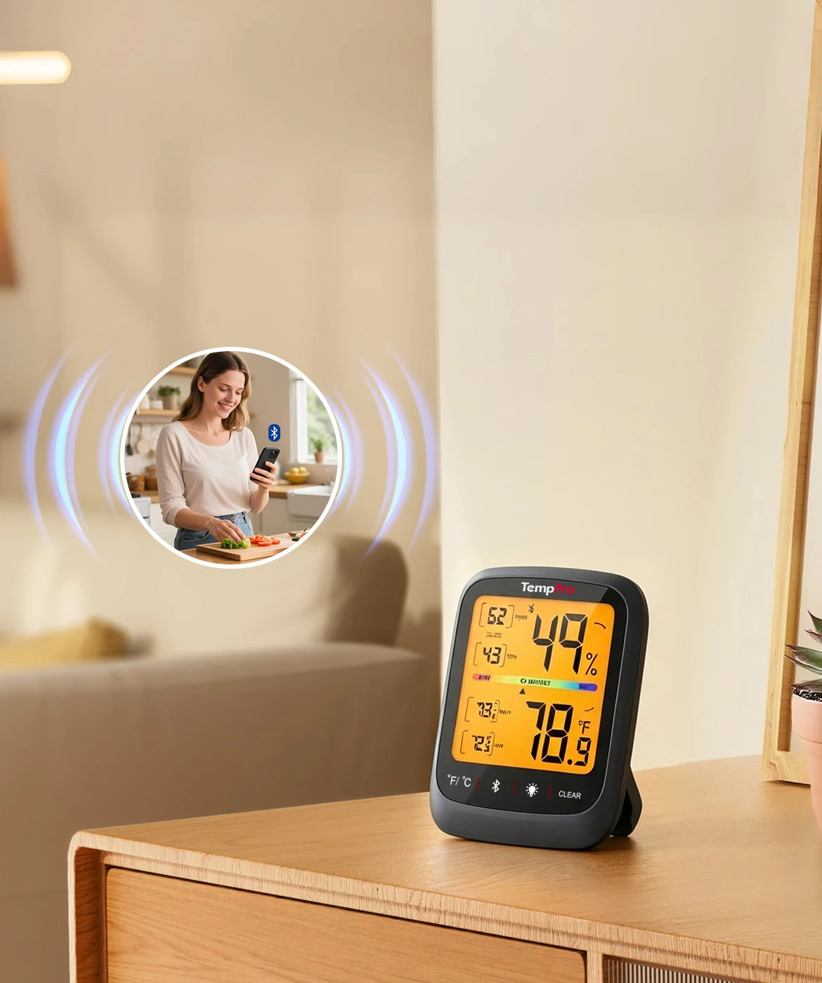 Termómetro higrómetro Bluetooth para interiores TempPro TP359W - 80 m, sensor suizo, negro · Edición para tienda