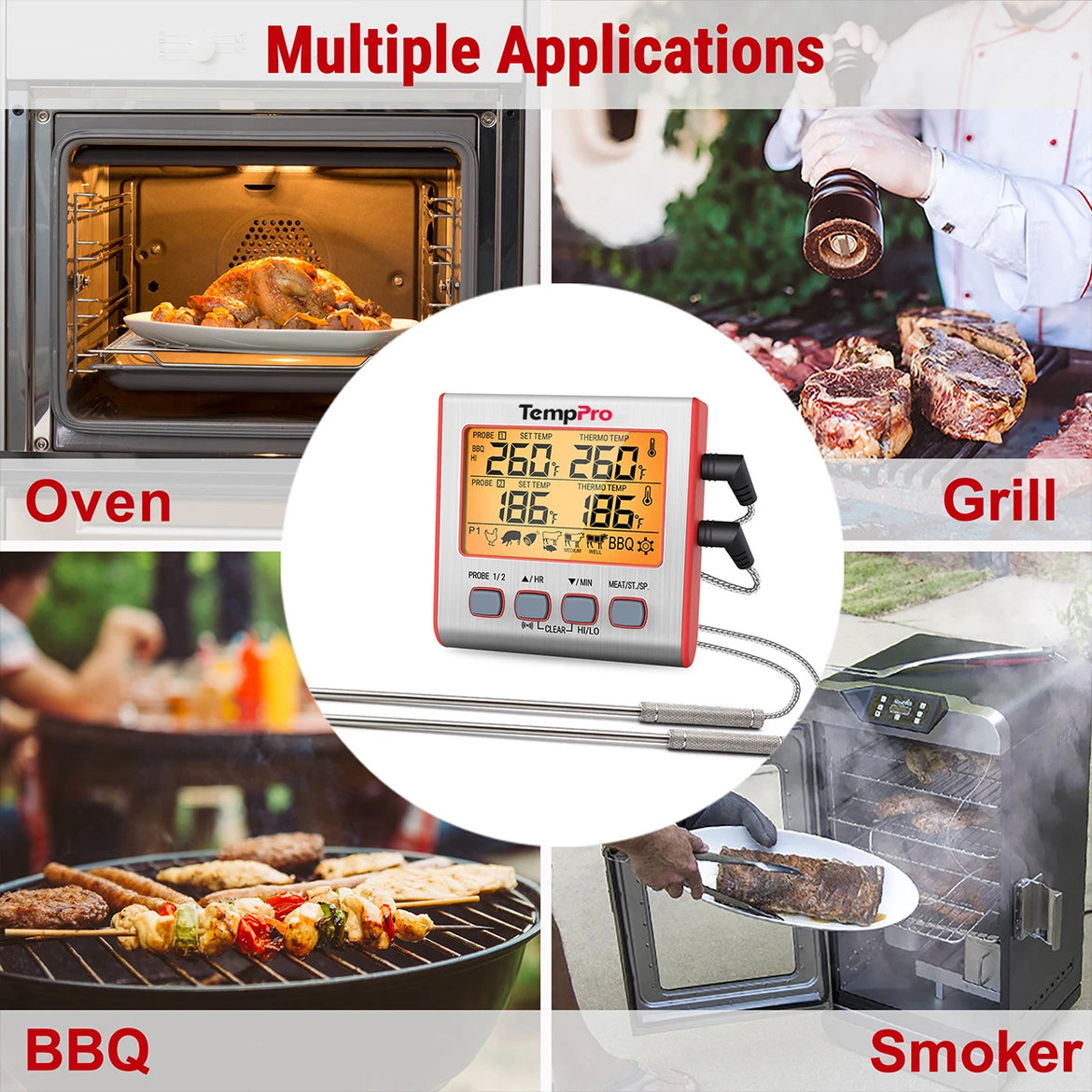 TempPro TP17W Dual-Probe Leave-In Meat Thermometer—Timer, USDA Presets & High/Low Alarm