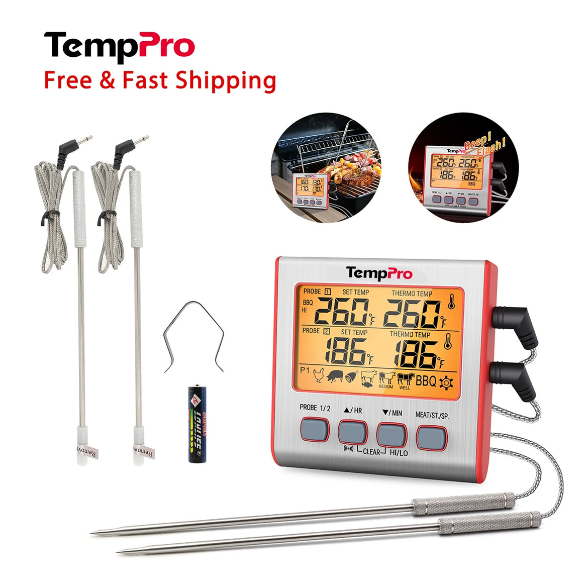 TempPro TP17W Dual-Probe Leave-In Meat Thermometer—Timer, USDA Presets & High/Low Alarm