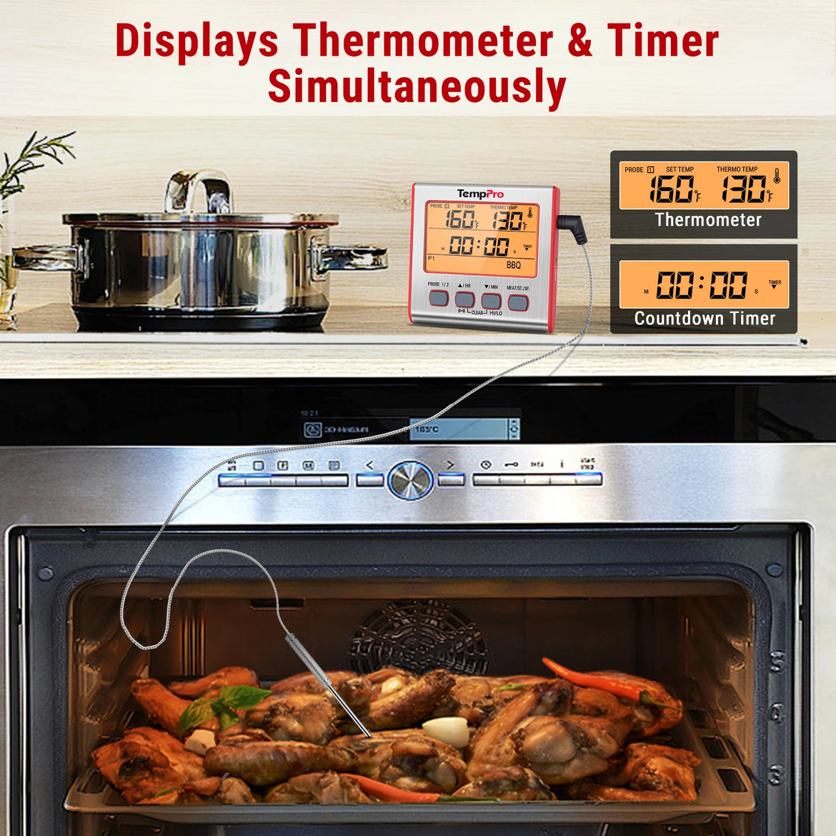 TempPro TP17W Dual-Probe Leave-In Meat Thermometer—Timer, USDA Presets & High/Low Alarm