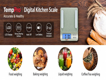 TempPro IC207  Báscula de alimentos digital multifunción para cocina, con gran pantalla LCD retroiluminada, fácil de limpiar y medición de precisión, vidrio templado (plata)