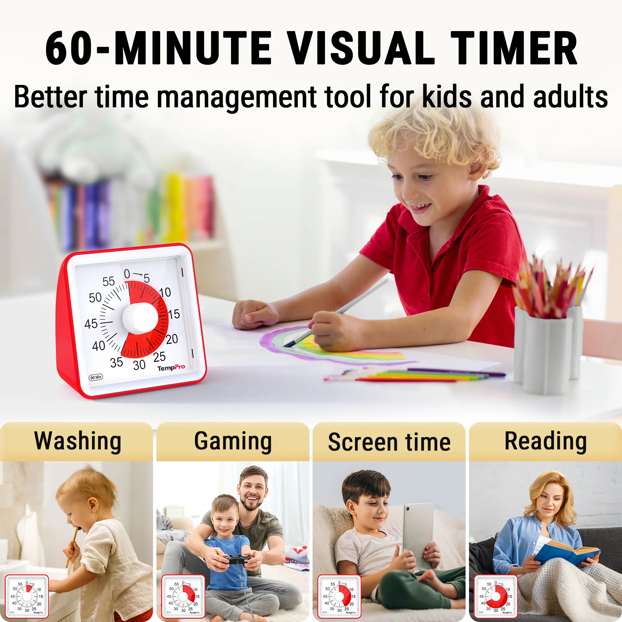 TempPro TM021 Visual Kitchen Timer — 60-Minute, Silent, No Buttons