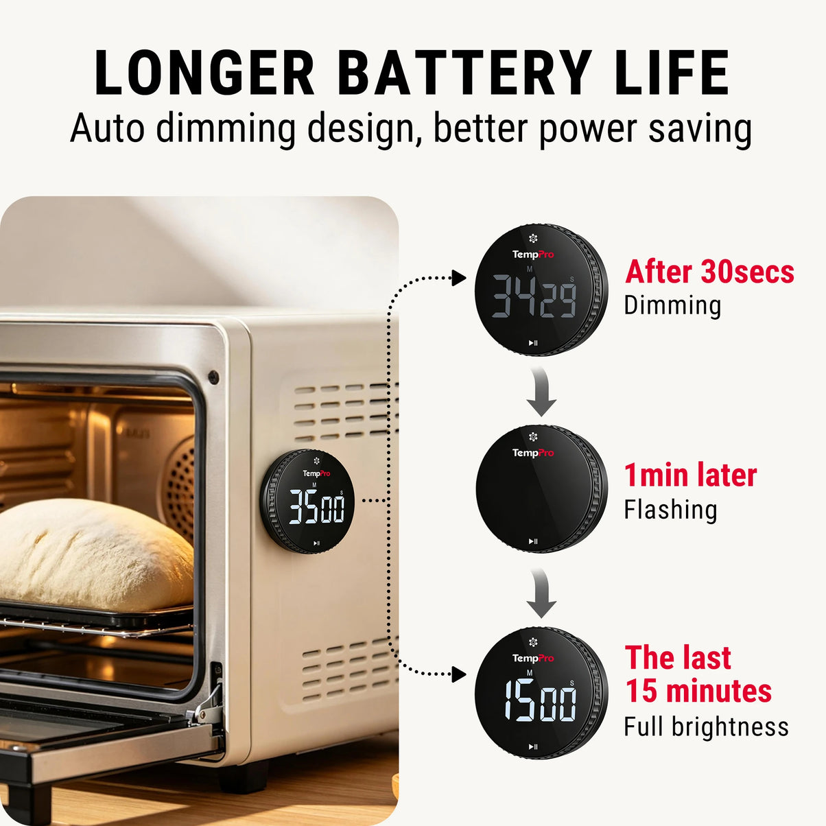 Temporizador digital de cocina TempPro TM04B - Control de un toque, LED de 3.1"