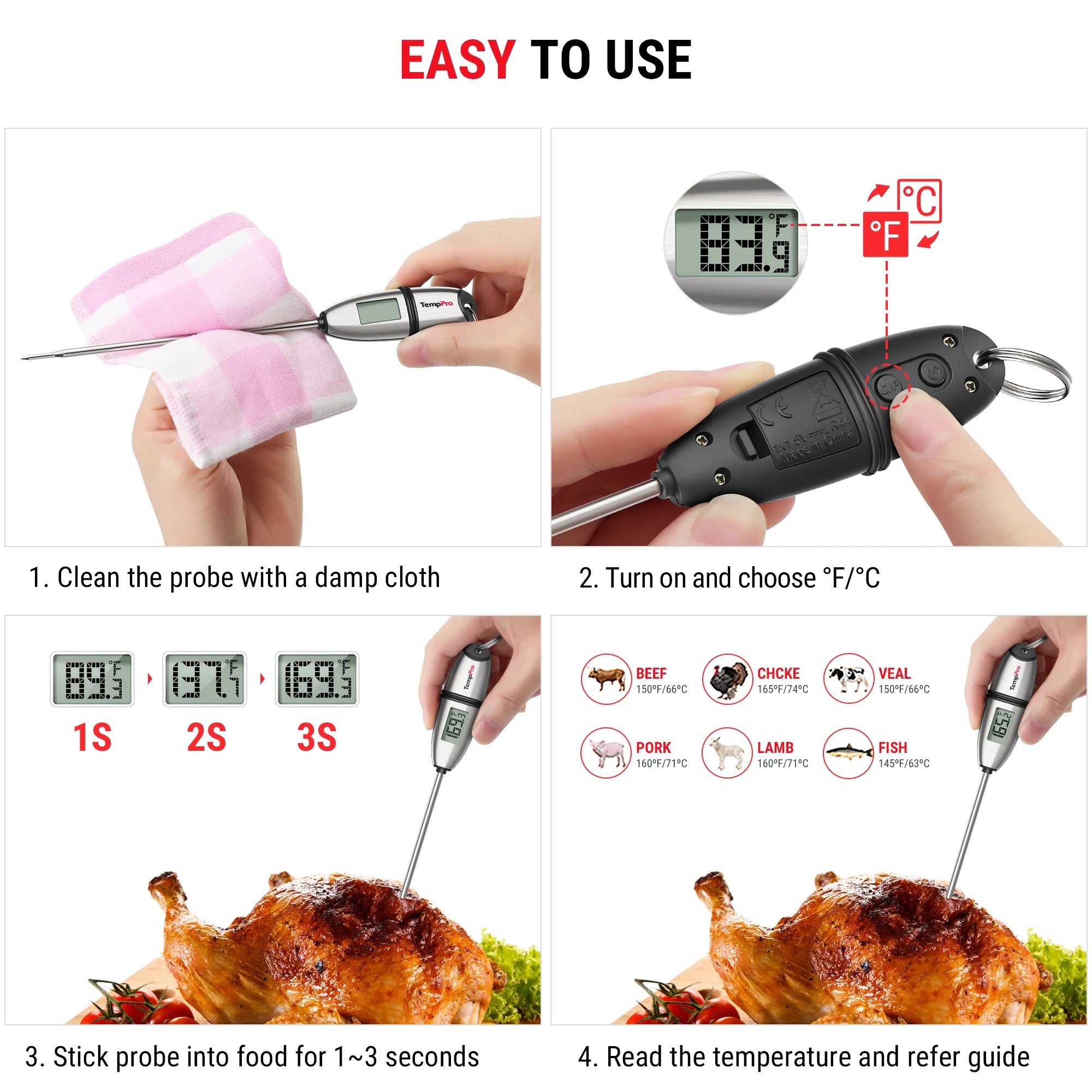 TempPro TP02S Instant-Read Meat Thermometer — 1-Second Read, 5.3