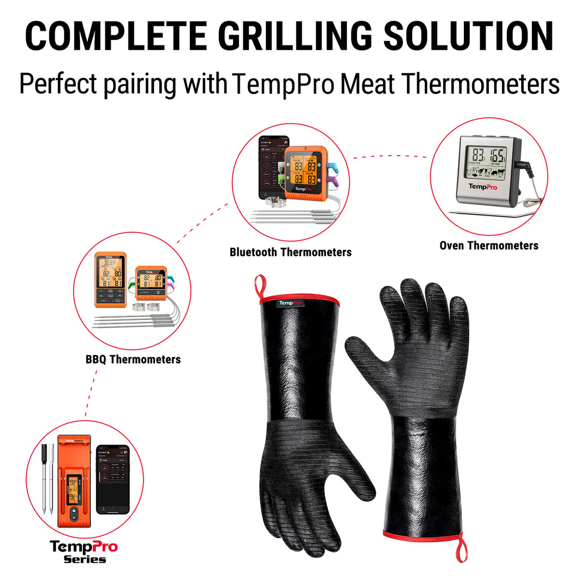 TempPro TP100 Waterproof BBQ Gloves — 932°F Heat-Resistant, 14" Sleeves
