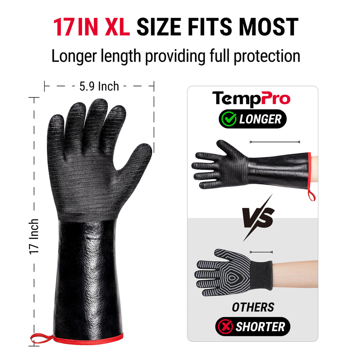 TempPro TP100 Waterproof BBQ Gloves — 932°F Heat-Resistant, 14" Sleeves