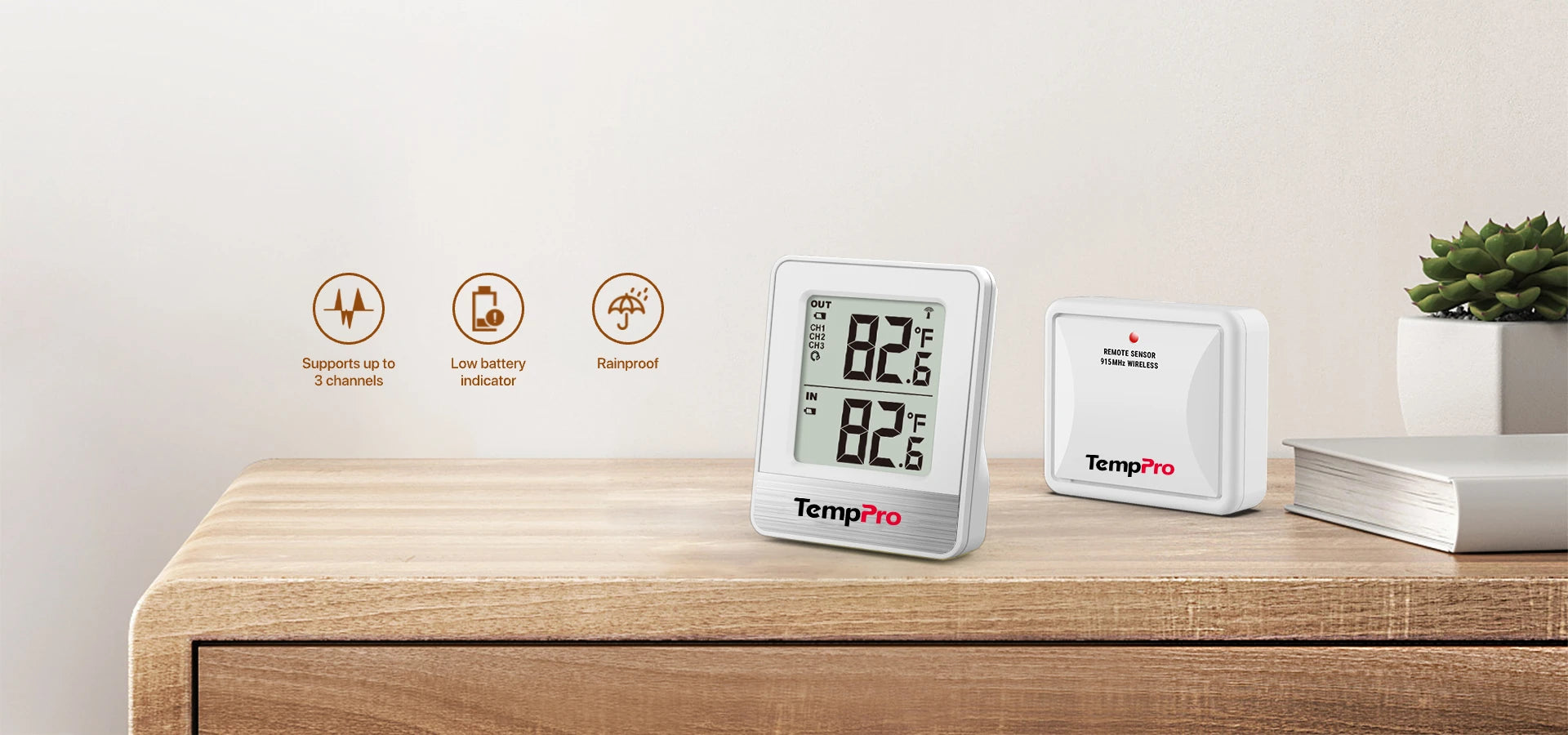 TempPro TP200B Wireless Indoor Outdoor Thermometer & Hygrometer — Up to 4 Locations, 500ft