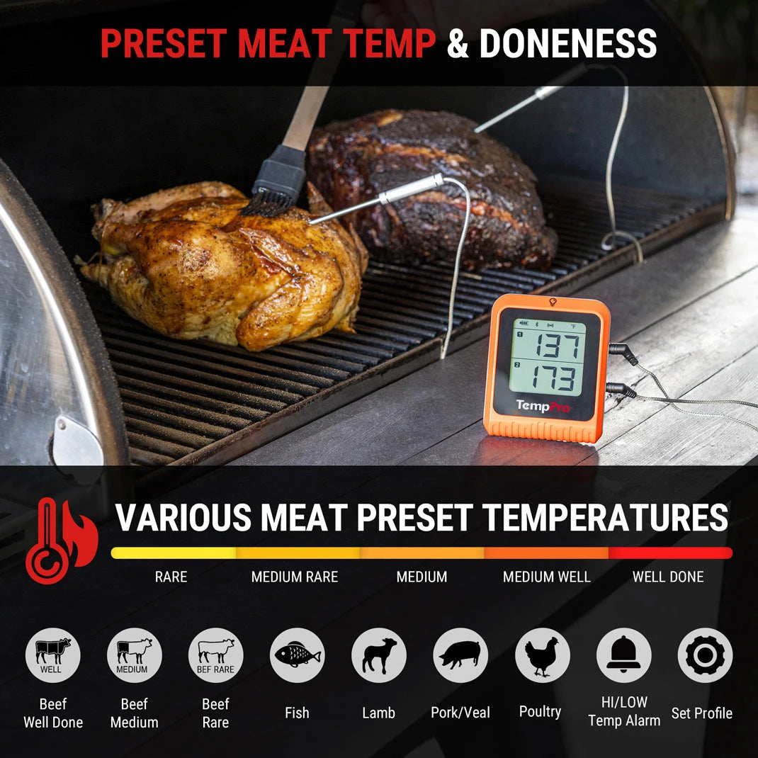 TempPro TP25H2 Wireless Meat Thermometer - Smart Bluetooth, App Alerts