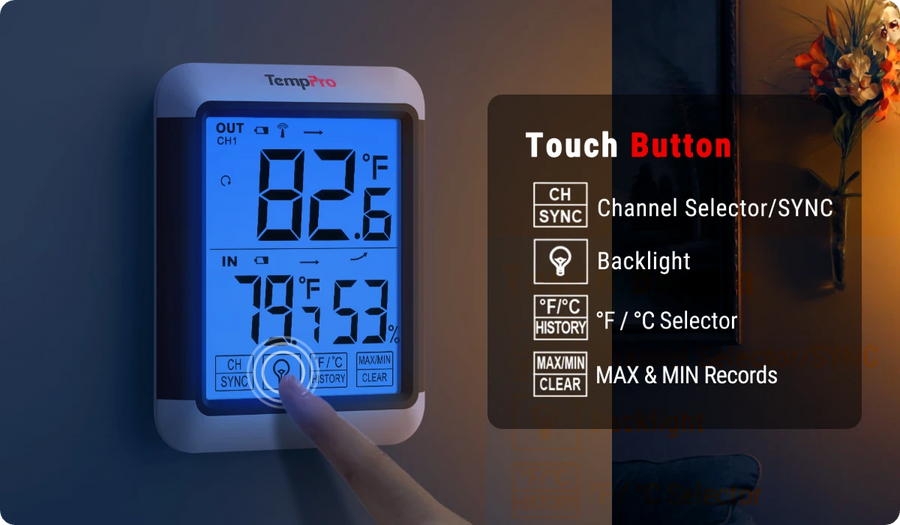 Thermomètre et hygromètre sans fil d'intérieur et d'extérieur TempPro TempAir PLUS TP65B — Écran tactile 4", 150 m