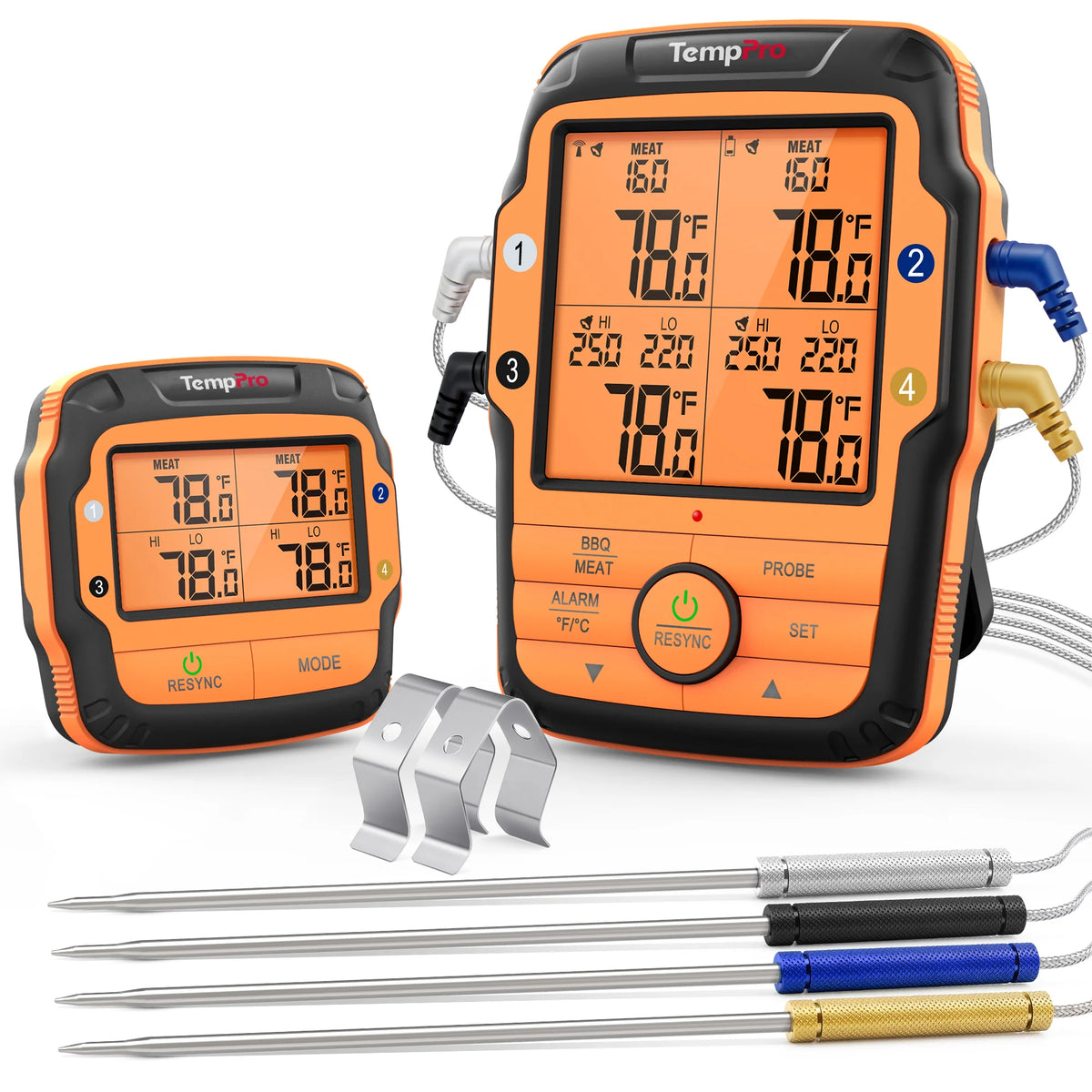 Termómetro de carne inalámbrico TempPro TempSync PLUS TP827B — Alcance RF de 300 m, 4 sondas codificadas por colores