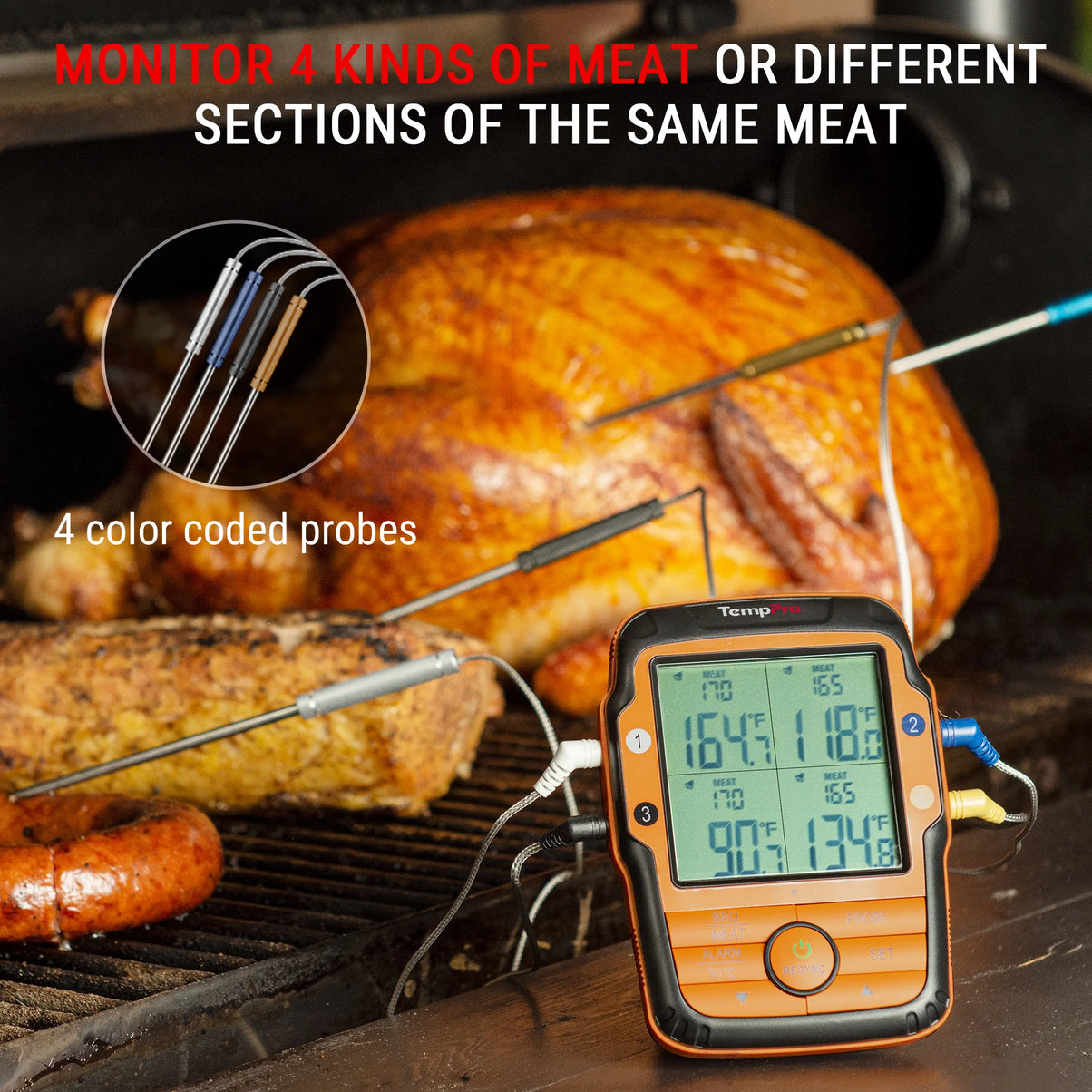 Termómetro de carne inalámbrico TempPro TempSync PLUS TP827B — Alcance RF de 300 m, 4 sondas codificadas por colores
