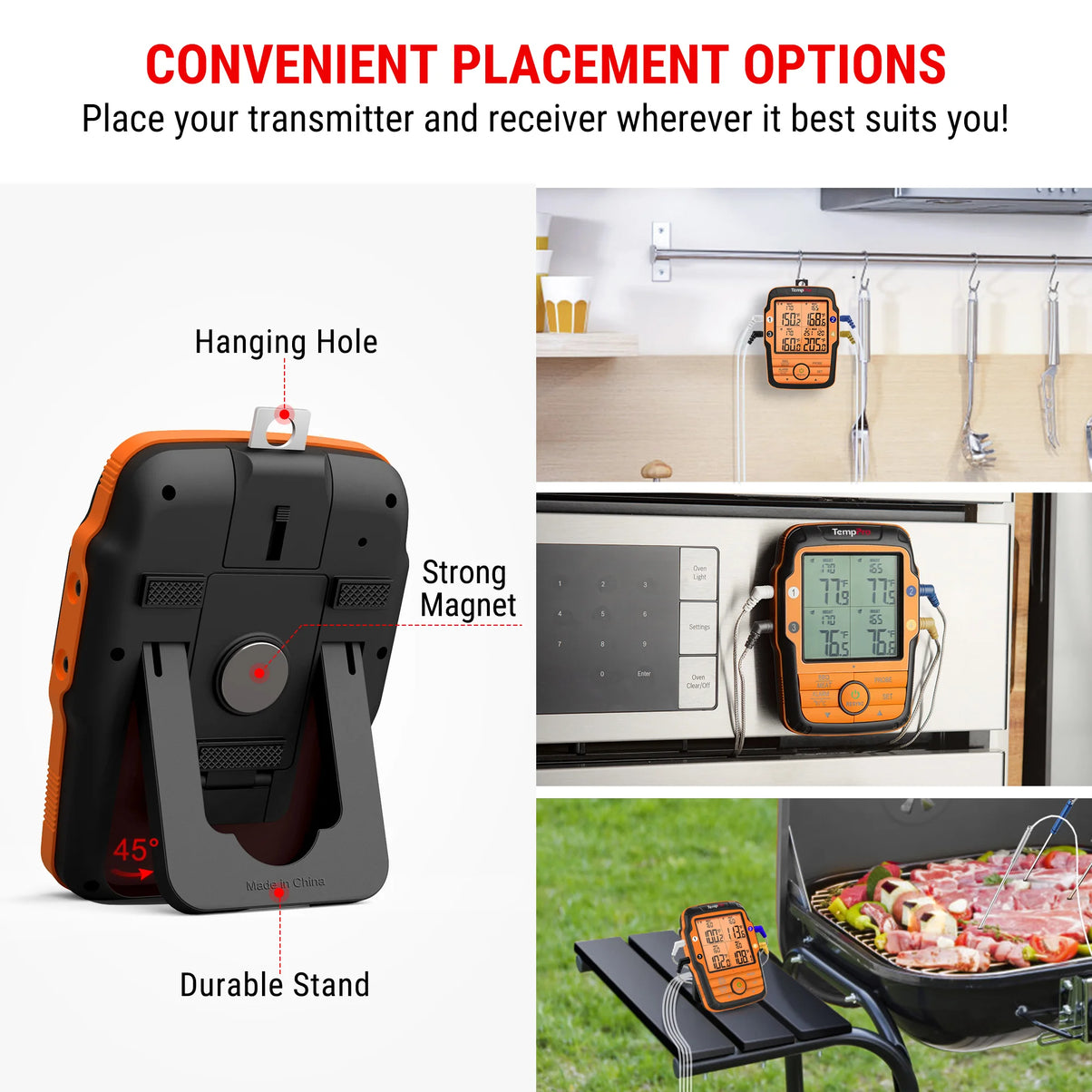 Termómetro de carne inalámbrico TempPro TempSync PLUS TP827B — Alcance RF de 300 m, 4 sondas codificadas por colores
